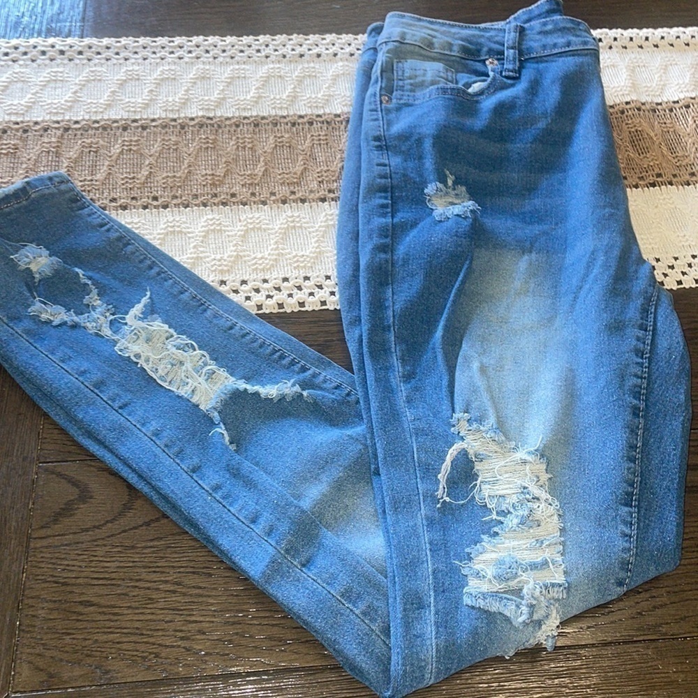 💕 Distressed Y2k Streetwear Skinny Jeans, Frayed Hem, High Waist, Stretchy NWOT - Picture 7 of 12